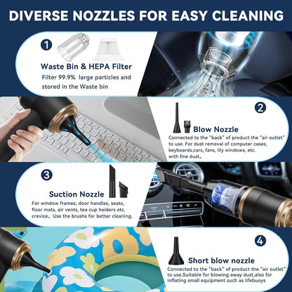 Mini Car Vacuum Portable Cordless Handheld Vacuum Cleaner and Air Duster 2 in 1 with Multi-Nozzles for Car, Computer, Sofa, Office, Pet, Home