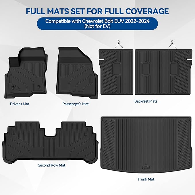Custom Fit Floor Mats for Chevrolet Bolt EUV 2022-2024(Not for EV), All Weather TPE Floor Liners with Trunk Mat & Backrest Protectors, Odorless Full Set Interior Accessories