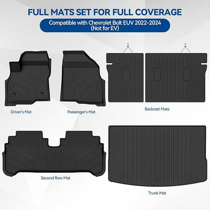 Custom Fit Floor Mats for Chevrolet Bolt EUV 2022-2024(Not for EV), All Weather TPE Floor Liners with Trunk Mat & Backrest Protectors, Odorless Full Set Interior Accessories