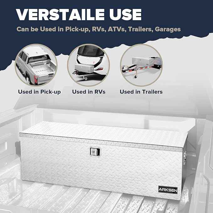 ARKSEN 49 x 15 x 15 Inch Diamond Plate Truck Bed Tool Box, Heavy Duty Waterproof Aluminum Toolboxes Storage Chest with Side Handle & Lock for Pickup Truck Bed, RV & Trailer Silver