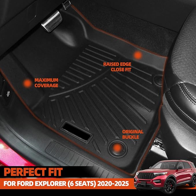 Custom Fit Floor Mats for Ford Explorer (6 Seats) 2020-2025 2026, All Weather TPE Floor Liners with Trunk Mat & Backrest Protectors, Odorless Full Set Interior Accessories