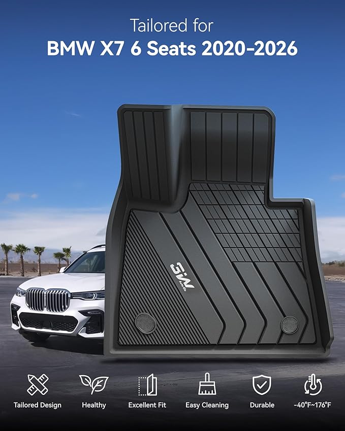 3W Floor Mats Fit for BMW X7 6 Seats 2019-2025 2026, M50i M60i xDrive40i xDrive50i, TPE All Weather Custom Fit Floor Liner, 76 Passengers 1st & 2nd Row, Full Set Car Liners Black