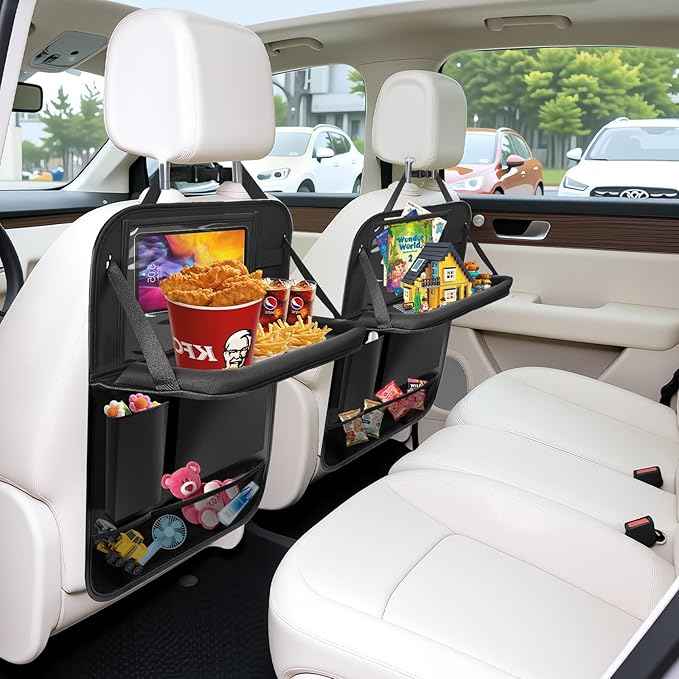 2Pack Car Backseat Organizer with Foldable Table Tray,6 Storage Pockets Car Storage Organizer with Tablet Holder,Car Seat Back Protectors Kick Mats Travel Accessories (Black)