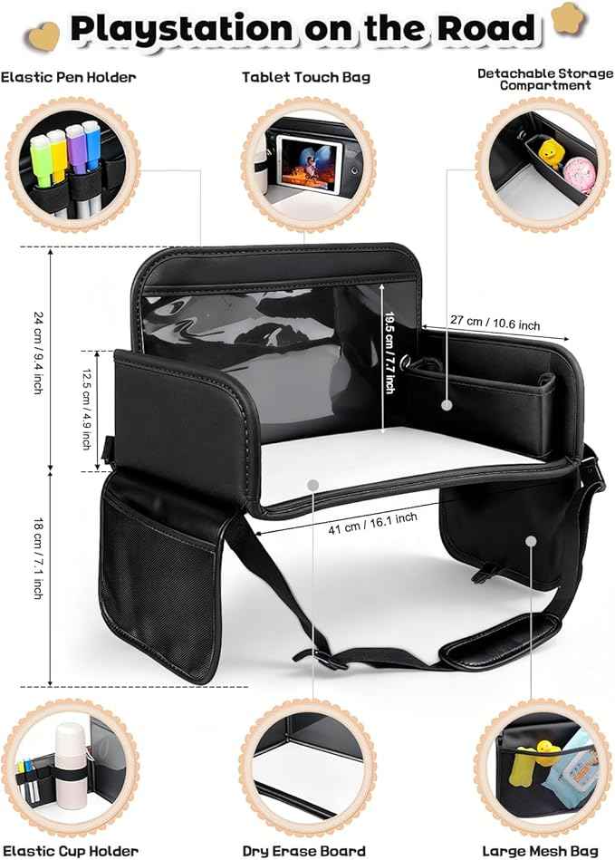 Leather Kids Travel Tray for Car - Car Seat Tray for Kids Travel, Road Trip Essentials, Carseat Table for Roadtrip Activities - Must Have Toddler Lap Desk Organizer for Airplane (Black)