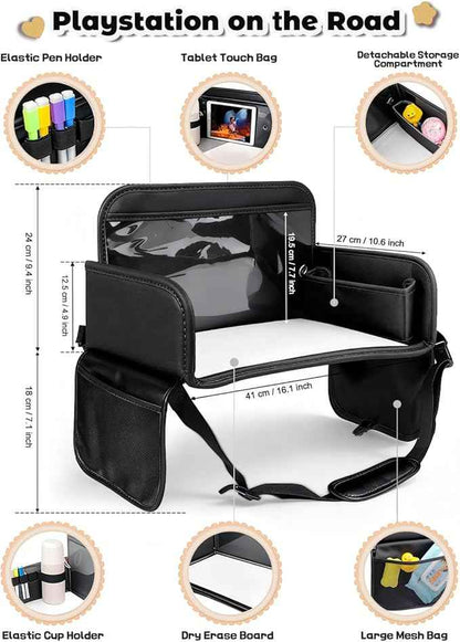 Leather Kids Travel Tray for Car - Car Seat Tray for Kids Travel, Road Trip Essentials, Carseat Table for Roadtrip Activities - Must Have Toddler Lap Desk Organizer for Airplane (Black)