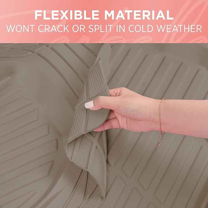CARBELLA Heavy Duty Rubber 4-Piece Beige Car Floor Mats - Universal Trimmable All-Weather Car Accessories - Girl Car Accessories for Women & Cute Car Mats for Women for Girly Car Decor, Truck, & SUV