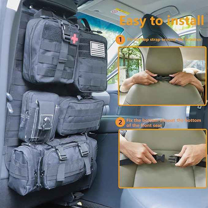 tactical car seat back organizer and storage truck seat covers with a Molle Vehicle Panel and 5 Different Size Molle Pouches for most models such as Jeep,SUV,Pickup(Black)