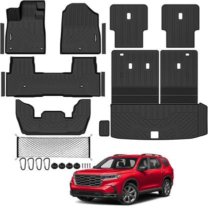 Tongama-Floor Mats for 2023-2025 2026 Honda Pilot, All Weather TPE Trunk Mat with Backrest Mat & 2nd Row Backrest Mats Protector & Cargo Net & Door Sill Guards for Honda Pilot Floor Liner Accessories