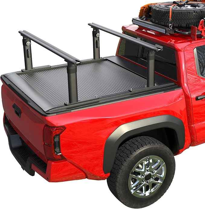 Truck Bed Rack Fit for Tacoma Gladiator Mid Size Pickups with Tonneau Cover w/T-Slot Rails, Adjustable 19"-25" Aluminum Truck Ladder Rack Fits Lumber Pipes Kayak Surfboard Bike Tent