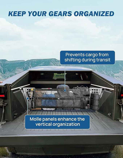 JOYTUTUS Truck Bed Divider Compatible with Cybertruck 2025 2024 2023 Cargo Divider Organizer Steel Molle Panels with Cargo Divider Net Cybertruck Accessories