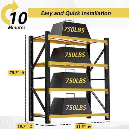 3000LBS Garage Shelving 32" W Garage Shelving Heavy Duty 4-Tier Metal Storage Shelves Adjustable Shelf Unit Storage Rack for Basement Supermarket Warehouse 32" W x 20" D x 78" H Yellow
