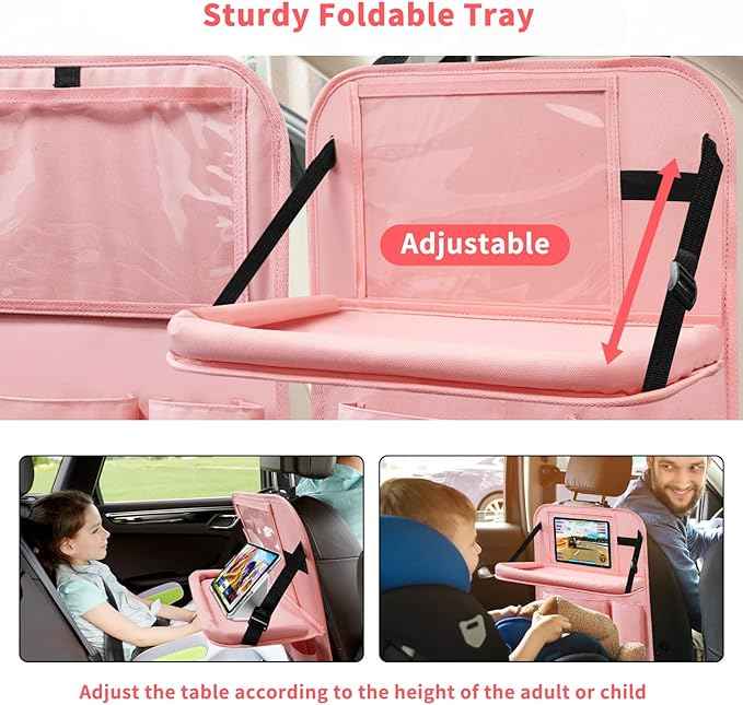 Car Backseat Organizer with Tray, Seat Back Table Holder with 6 Storage Pockets, Car Seat Back Protectors Kick Mats Travel Accessories, 2 Pack Pink
