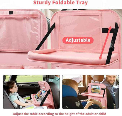 Car Backseat Organizer with Tray, Seat Back Table Holder with 6 Storage Pockets, Car Seat Back Protectors Kick Mats Travel Accessories, 2 Pack Pink
