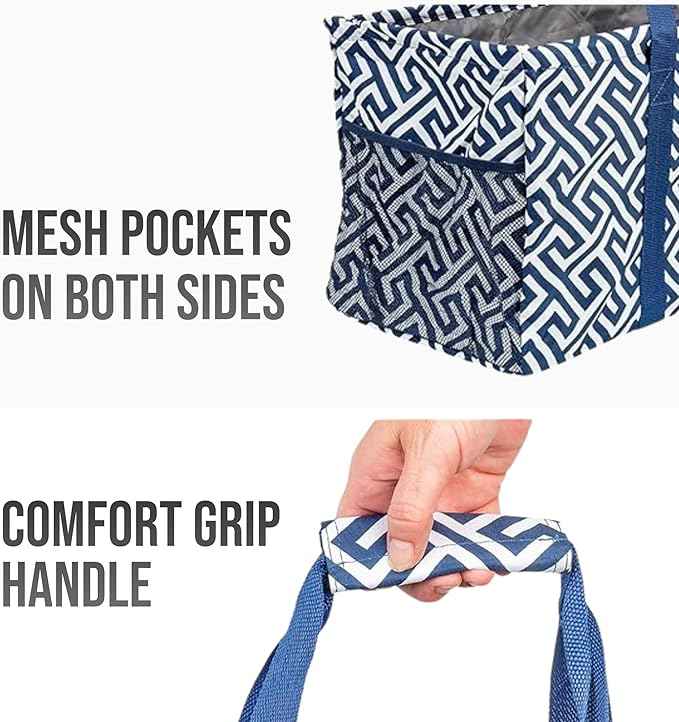 Extra Large Utility Tote Bag - Oversized Collapsible Reusable Wire Frame Rectangular Canvas Basket With Two Exterior Pockets For Beach, Pool, Laundry, Car Trunk, Storage - Geo Navy Blue