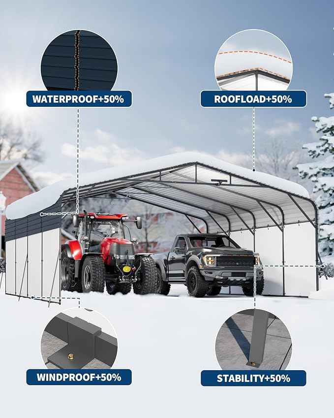 20x20FT Heavy Duty Metal Carport,Outdoor Portable Car Garage w/Led Light,Removable PE Sidewalls,Reinforced Base & Galvanized Steel Roof, Outdoor Car Port Canopy Shelter for Boats,Trucks