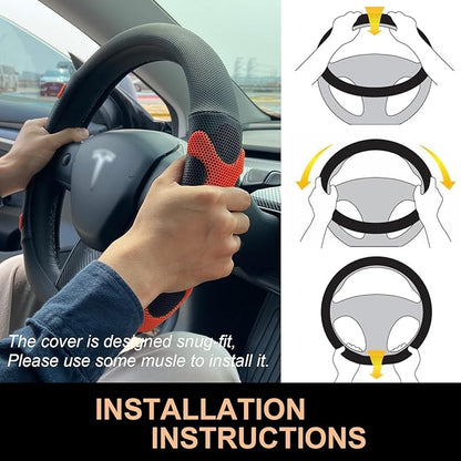 PINCTROT Comfy Grip Steering Wheel Cover for Tesla Model Y/3 2016-2025 2026 Standard/Highland/Juniper, D Shaped 14 Inch Small Sized, Flat Bottom with 3D Honeycomb Anti-Slip Design (Comfy Grip Orange)