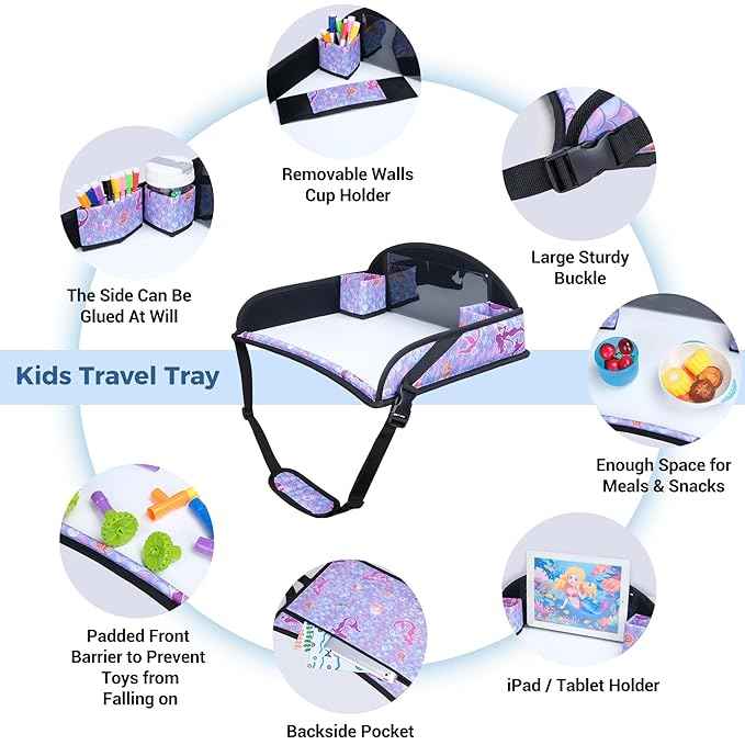 COOLBEBE Kids Travel Tray for Toddler Car Seat, Travel Tray for Airplane, Toddler Car Seat Lap Tray, Carseat Table Tray for Kids Travel Activities (Mermaid