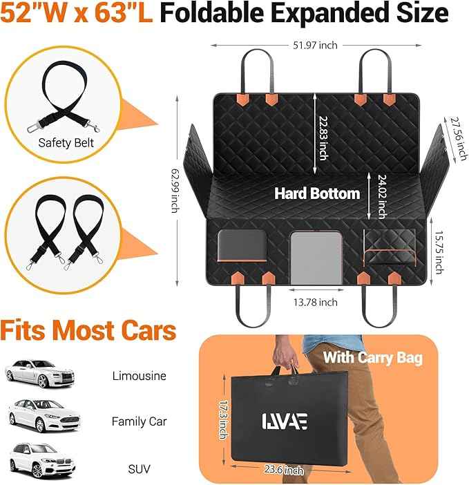 Dog Seat Cover for Back Seat, Hard Bottom Back Seat Extender Holds 500 lbs, Waterproof & Nonslip Car Hammock for Large Pets, Comfortable Travel Seat Protector for SUV and Sedan