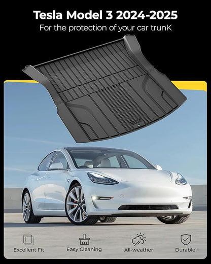 3W Cargo Liner Tesla Model 3 2024 2025 2026 Trunk Mat, All Weather Protection Waterproof, Custom Fit TPE Accessories Black