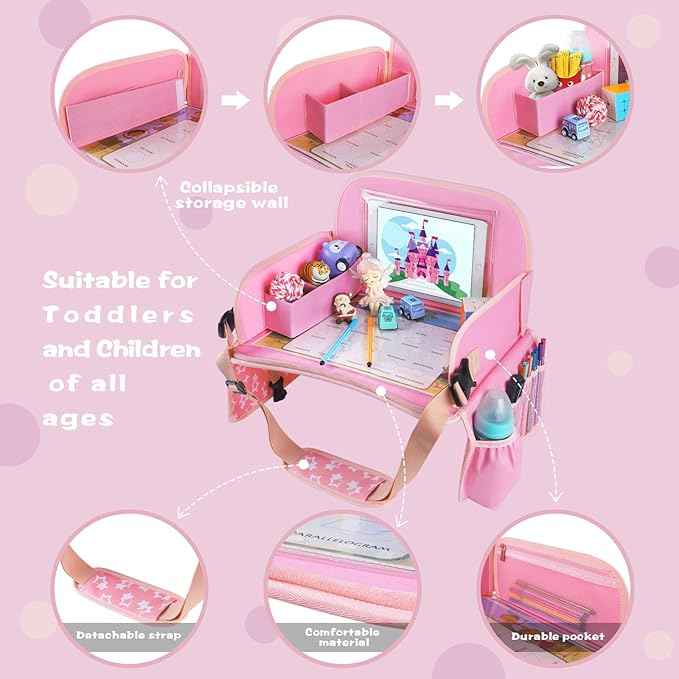 MENZOKE Kids Travel Tray for Toddler Car Seat, Road Trip Activities for Kids with iPad Holder Stand & Dry Erase Board, Road Trip Essentials Accessories Lap Tray as Travel Gifts for Kid, Pink