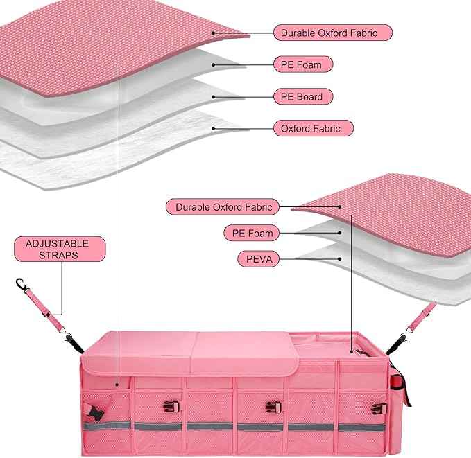 Car Trunk Organizer and Storage with Lid & Removable Leakproof Cooler Bag, Customized Space Pink Car Interior Accessories for Women Collapsible Large Trunk Organizers for Sendan SUV, Jeep, MPV, BMW