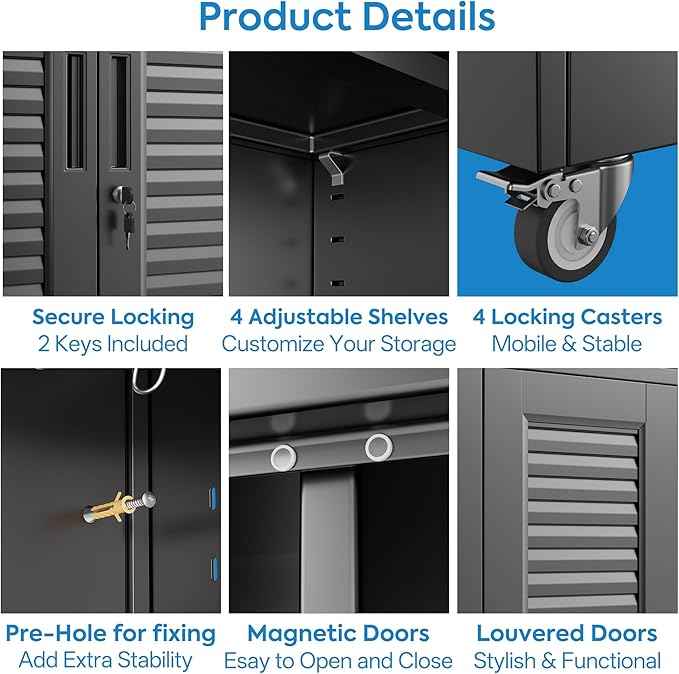 Aobabo Lockable Metal Storage Cabinet with 4 Adjuatable Shelves,Garage Storage Cabinet with Wheels and 5 Remove Pegboard,Required Assembly,Black,70.87''H*31.5''W*15.75''D