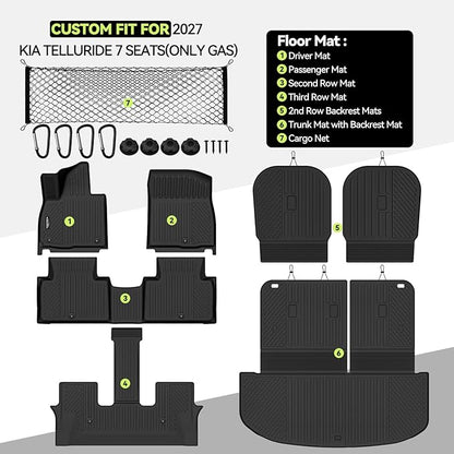 Tongama-Floor Mats for 2027 Kia Telluride 7 Seats with Bucket Seat(Only Gas), All Weather TPE Trunk Mat with Backrest Mat & 2nd Row Backrest Mats & Cargo Net for Kia Telluride Floor Liner Accessories
