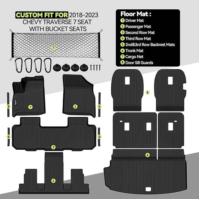 Tongama-Floor Mats for 2018-2023 Chevy Traverse 7 Seat with Bucket Seats, All Weather TPE Trunk Mat & 2nd/3rd Row Backrest Mats & Cargo Net & Door Sill Guards for Traverse Floor Liner Accessories