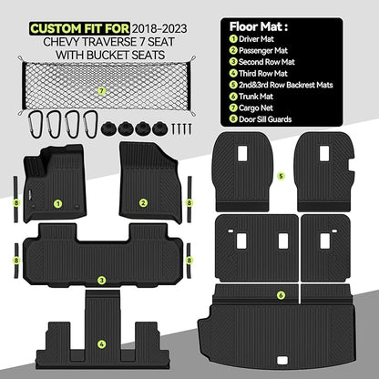 Tongama-Floor Mats for 2018-2023 Chevy Traverse 7 Seat with Bucket Seats, All Weather TPE Trunk Mat & 2nd/3rd Row Backrest Mats & Cargo Net & Door Sill Guards for Traverse Floor Liner Accessories