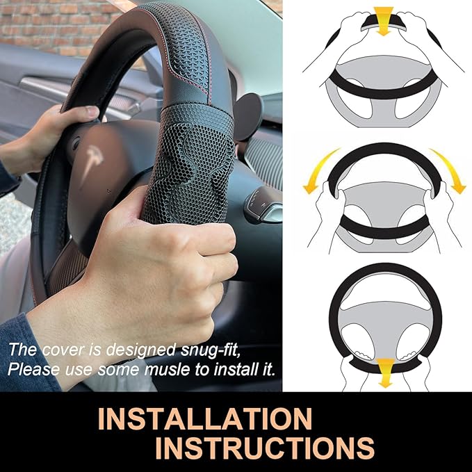 PINCTROT Great Grip Steering Wheel Cover for Tesla Model Y/3 2016-2025 2026 Highland/Juniper, D Shaped 14 Inch Small Sized, Flat Bottom with 3D Honeycomb Anti-Slip Design (Great Grip Black/Red Stitch)