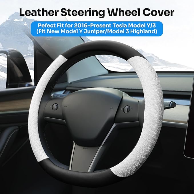 Steering Wheel Cover for 2016-2026 Telsa Model 3/Model Y Accessories (Fit New Model Y Juniper/Model 3 Highland), Leather Steering Wheel Cover Protector Anti-Slip, Comfortable Grip, Breathable