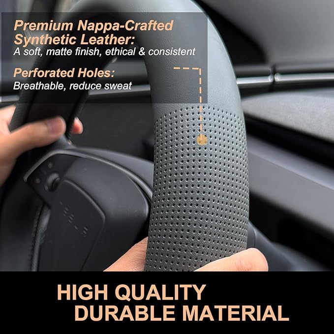 PINCTROT Nappa Leather Steering Wheel Cover for Tesla Model Y/3 Highland/Juniper, D Shaped 14 Inch Small Sized with Breathable Perforation, Fit Like Gloves, Flat Bottom 14 Inch(Nappa Dark Gray)