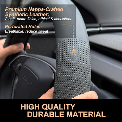 PINCTROT Nappa Leather Steering Wheel Cover for Tesla Model Y/3 Highland/Juniper, D Shaped 14 Inch Small Sized with Breathable Perforation, Fit Like Gloves, Flat Bottom 14 Inch(Nappa Dark Gray)