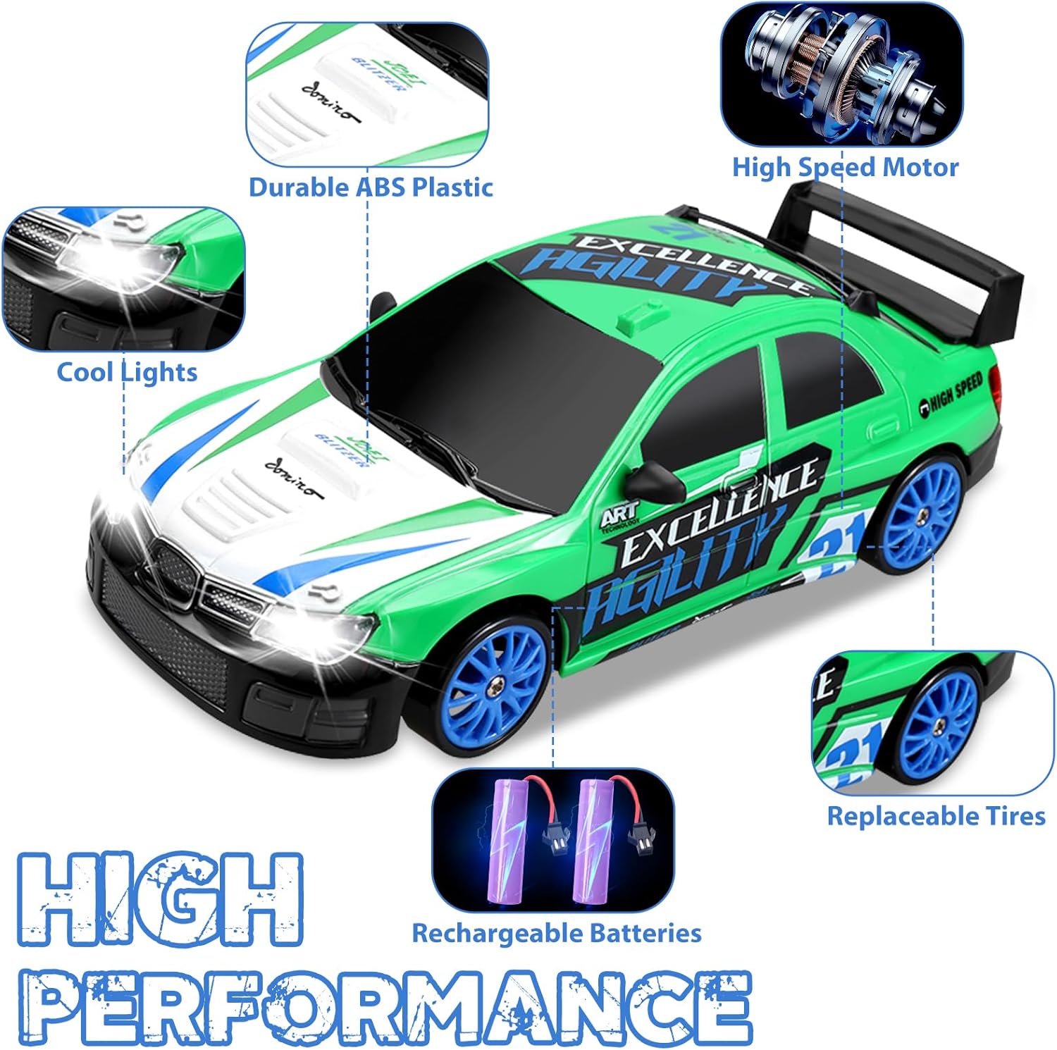 RC Drift Car 2.4GHz 1:24 Scale 4WD Remote Control Car 15KM/H High Speed Drifting RC Cars with Cool Lights, Two Batteries and Extra Tires Toys for Kids Boys Girls Adults, Green - AutoBay