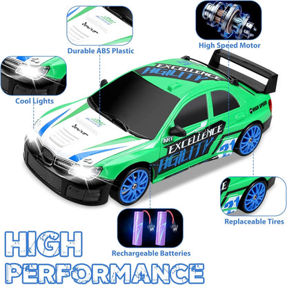 RC Drift Car 2.4GHz 1:24 Scale 4WD Remote Control Car 15KM/H High Speed Drifting RC Cars with Cool Lights, Two Batteries and Extra Tires Toys for Kids Boys Girls Adults, Green - AutoBay