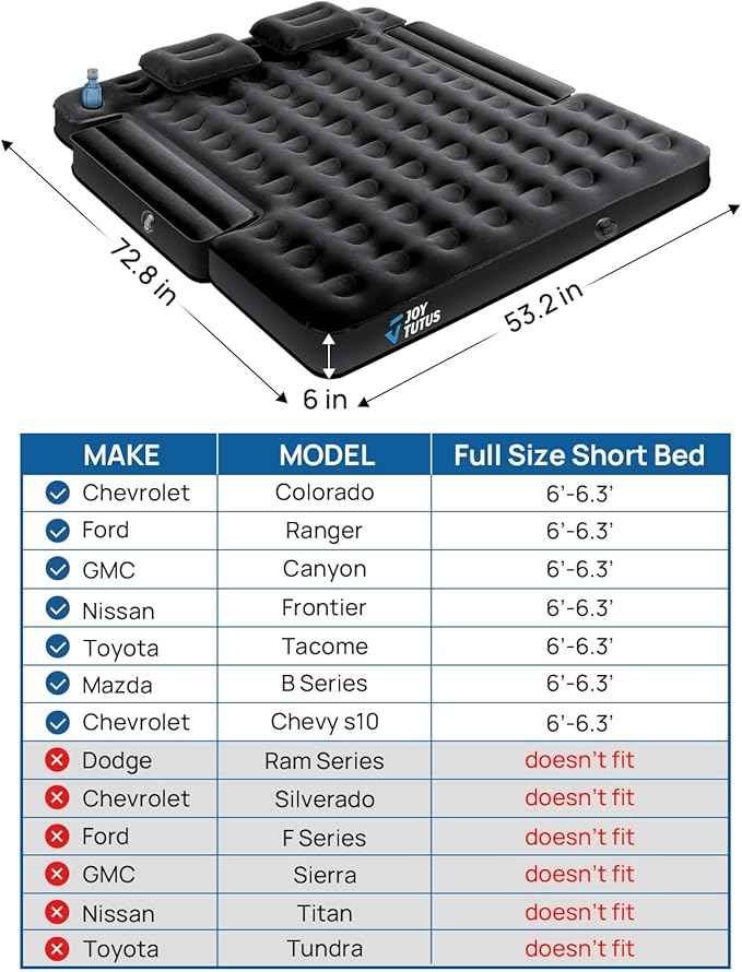 JOYTUTUS Truck Bed Air Mattress for 6.0-6.3Ft, Compact Regular Truck Beds,Anti-Leakage, with Air Pump&2 Pillows, Inflatable Pickup Mattress,Compatible with Tacoma&Ranger&Frontier,Black