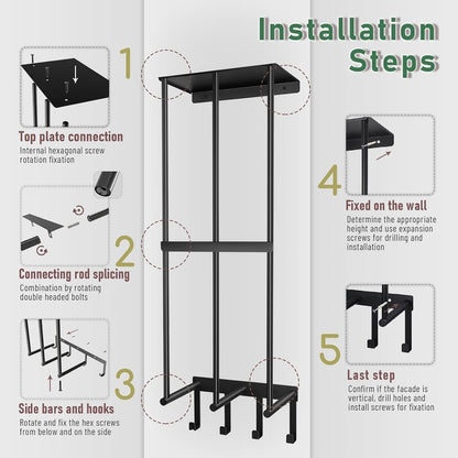 Camping Chair Wall Storage for Garage - Metal Beach Lawn Chair Rack, Garage Storage and Organization Shelves, Wall Mounted Umbrella Storage Rack Holder with Floating Shelf and 4 Hooks Black