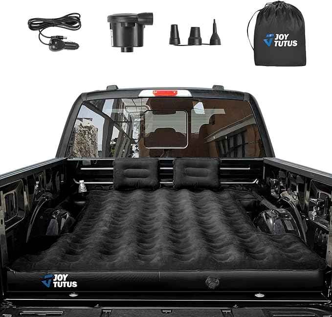 JOYTUTUS Truck Bed Air Mattress for 5.5-5.8Ft,Full Size Short Beds for Pickup Outdoor Camping,Truck Tent Accessories with Carry Bag & Cup Holder & Cavity Design,Black