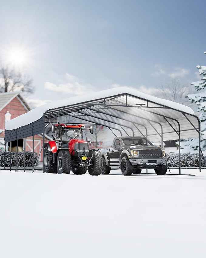 20x25FT Heavy Duty Metal Carport,Outdoor Portable Car Garage w/Led Light,Removable PE SideReinforced Base & Galvanized Steel Roof, Outdoor Car Port Canopy Shelter for Boats, Full-Sized Pickup Trucks