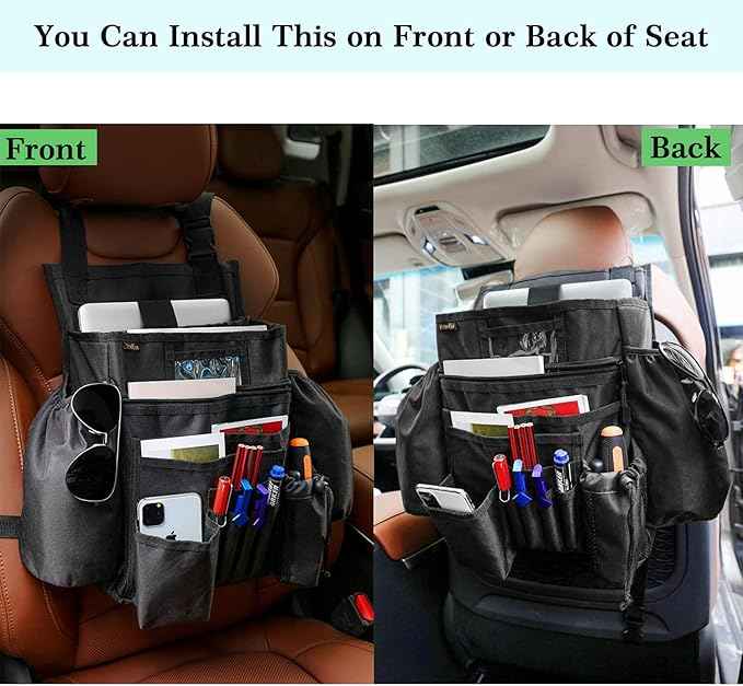 Car Front & Back Seat Organizer with Dedicated Tablet/Laptop Compartment, Passenger Seat File Storage with Cup Holder, Adjustable Backrest, and Padded Shoulder Strap