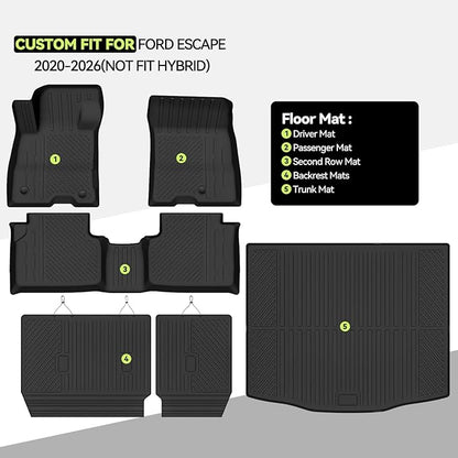 Tongama-Floor Mats for Ford Escape 2020-2026(NOT Fit Hybrid), All Weather TPE Trunk Mat and Backrest Mats Protectors for Ford Escape Floor Liner Accessories