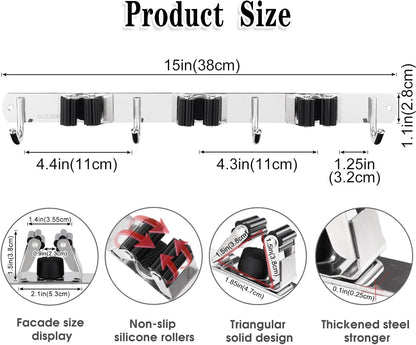 3 Racks and 4 Hooks Broom and Mop Holder Wall Mounted Garage Organizer Storage Tool Racks Stainless Steel Heavy Duty Hooks Self Adhesive Solid Non-slip Wall Hangers for Home Kitchen Garden Laundry