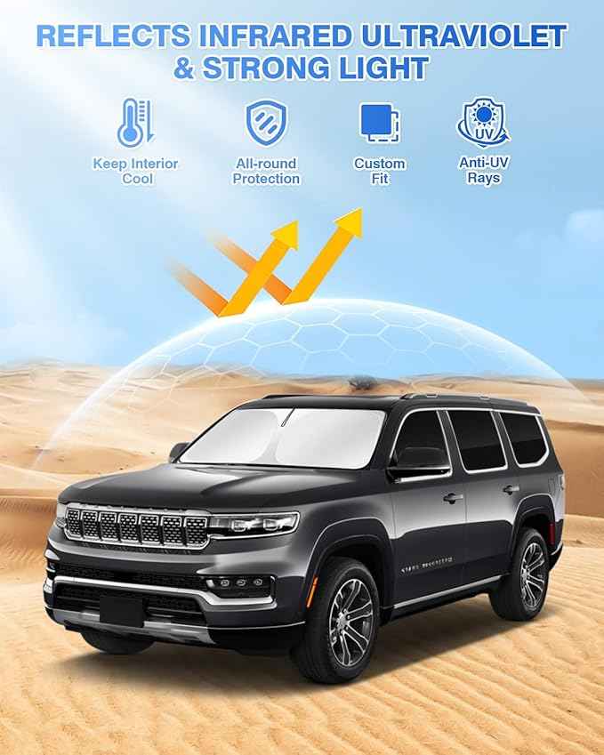 Windshield Sun Shade for 2022-2025 2026 Jeep Grand Wagoneer (Not for Jeep Wagoneer) Accessories Sunshade Side Rear Window Shade Cover Sun Visor Privacy Protection Keep Vehicle Cool Black 8PCS