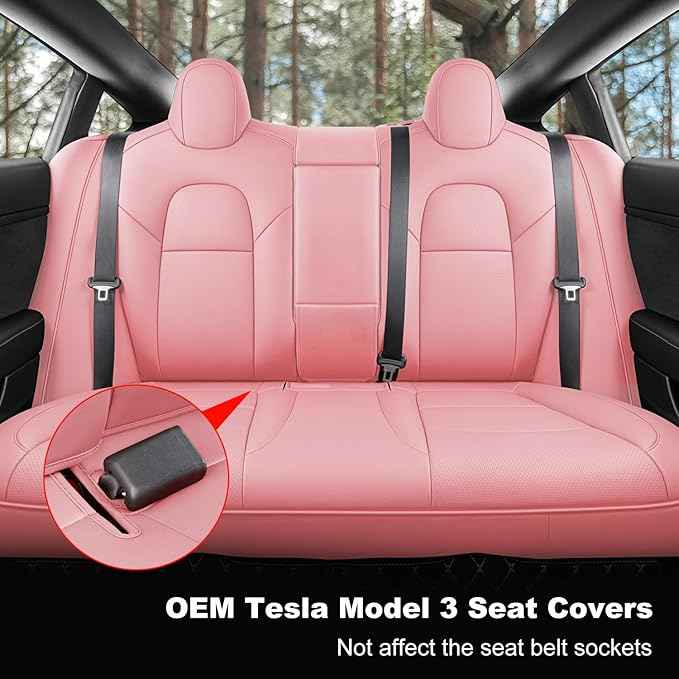 Tesla Model 3 Car Seat Covers Nappa Leather Car Interior Seat Airbag Compatible Cushion Cover Full Set Custom Fit 2023 2022 2021 2020 2019 2018, Nappa Pink