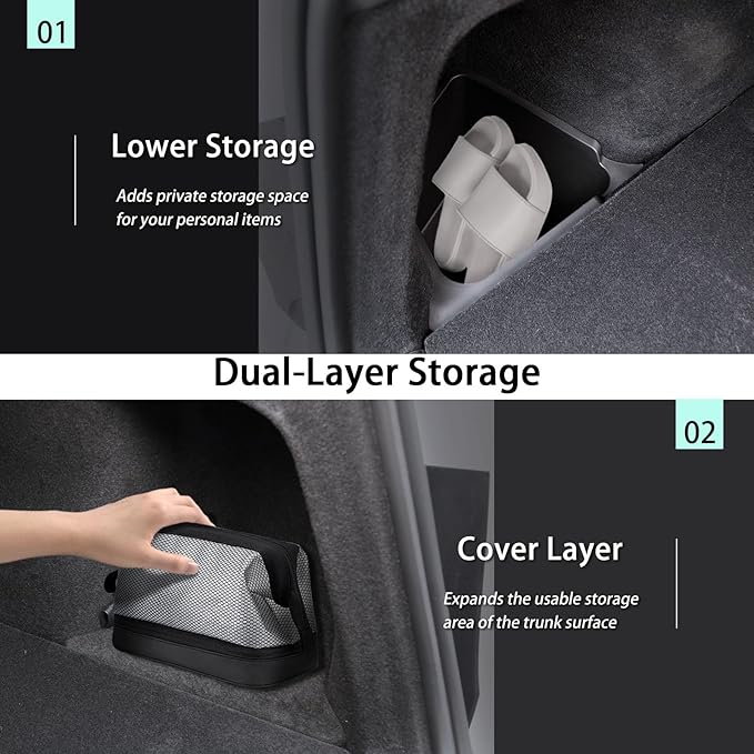 Trunk Storage Bins Trunk Organizer for 2025 2026 Tesla Model Y Juniper 5-Seater, 2PCS Large-Capacity Rear Side Storage Boxes with Carpeted Lid for Model Y Juniper Interior Accessories