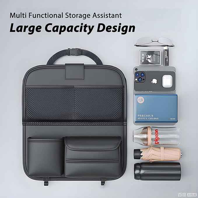 2 Pack Universal Premium Leather Foldable Car Backseat Organizer with Table Tray, Seat Back Protector with Touch Screen Pad Phone Holder, Car Storage Pockets Tissue Box with School Bags Hooks