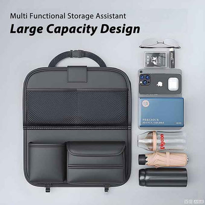 2 Pack Universal Premium Leather Foldable Car Backseat Organizer with Table Tray, Seat Back Protector with Touch Screen Pad Phone Holder, Car Storage Pockets Tissue Box with School Bags Hooks