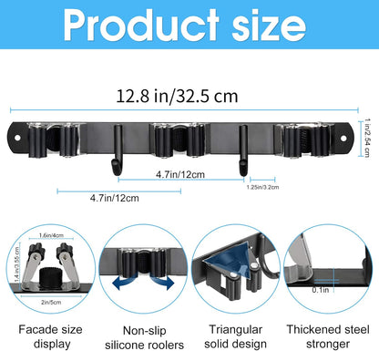 Huryfox Heavy-Duty Stainless Steel Broom Holder, Black, Wall Mount, 1-4 cm Diameter Compatible, Adjustable, 3 Racks, 2 Hooks, Space-Saving