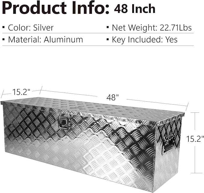 Truck Bed Toolbox for Trailer Pickup, RV Storage Organizer Tool Box Flatbox with Side Handle Lock Keys, Aluminum 5 Bar Tread Pattern Truck Bed Tool Box, Diamond Plate Chest Box Organizer 48 inches