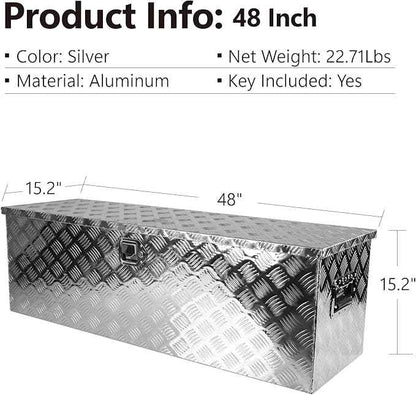Truck Bed Toolbox for Trailer Pickup, RV Storage Organizer Tool Box Flatbox with Side Handle Lock Keys, Aluminum 5 Bar Tread Pattern Truck Bed Tool Box, Diamond Plate Chest Box Organizer 48 inches